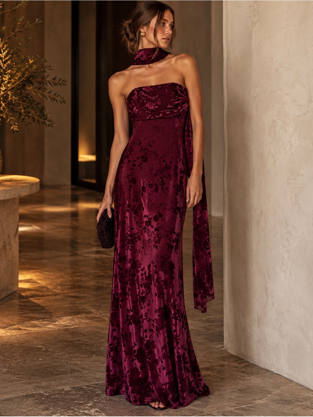 Burgundy Velvet Burnout Strapless Maxi Dress with Scarf S NWT